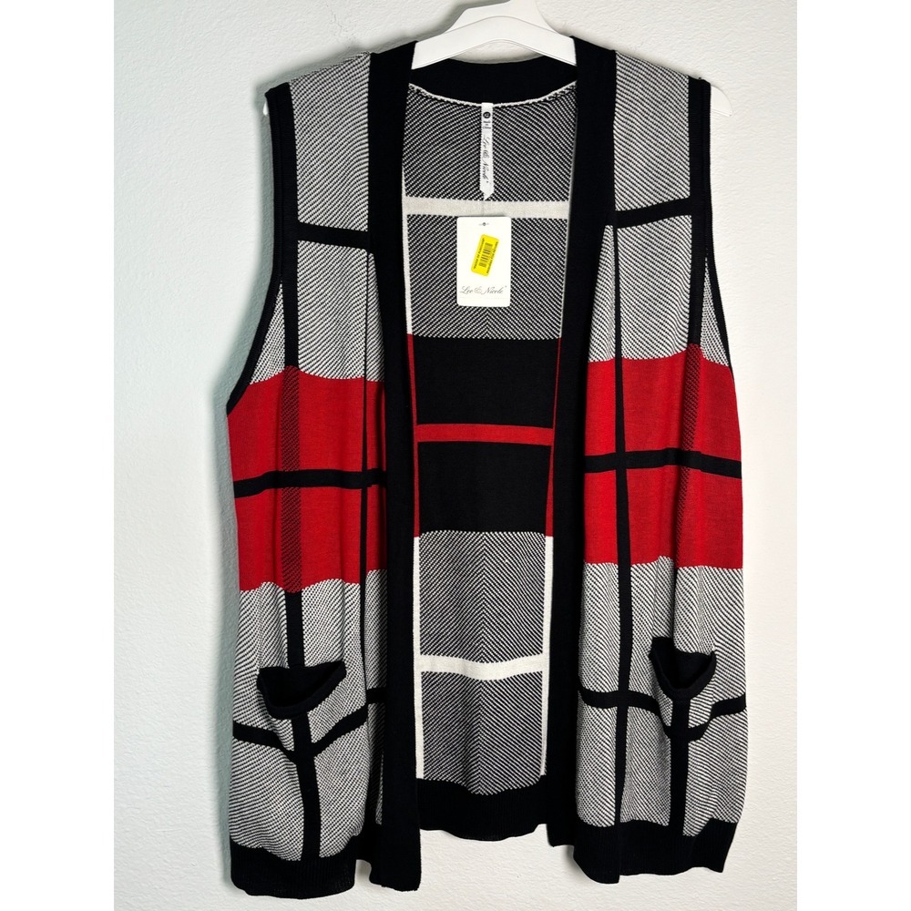 Leo & Nicole Womens XL Red White Plaid Open Front Knit Sweater Vest Pockets